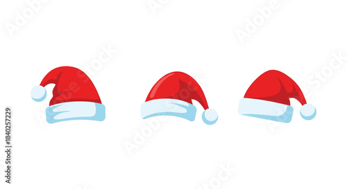 Three festive red Santa hats with fluffy white trim and pom-poms are playfully arranged against a clean white background, perfect for holiday designs.