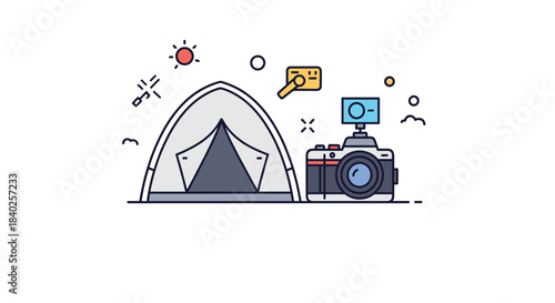 An illustration featuring a grey camping tent beside a professional camera with a flash, capturing the essence of outdoor adventure and photography.