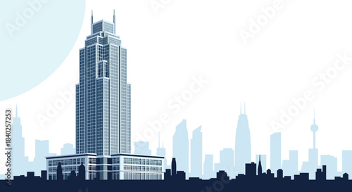An elegant blue-toned vector illustration of a tall, contemporary skyscraper towering over a diverse city skyline with minimalist aesthetics.