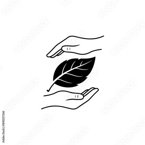 Two caring hands gently holding and protecting a single green leaf, symbolizing nature conservation and environmental protection isolated on transparent background