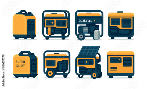 Portable generator illustrations. Portable power generator icons. 
