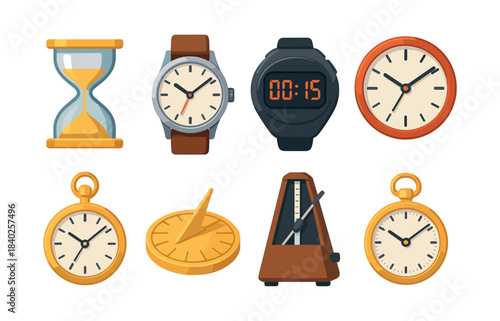 Clock and timer collection, stopwatch, sundial, flat vector illustration