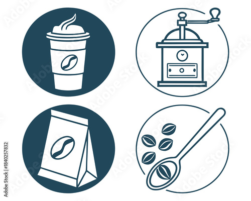 Coffee icons set drink, grinder, beans, and bag