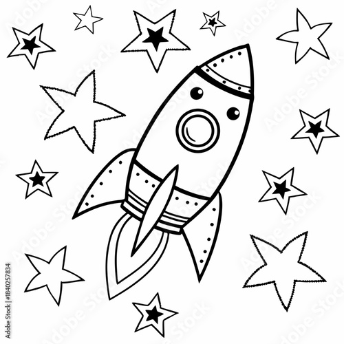 Black and white coloring page of a cartoon rocket ship surrounded by stars