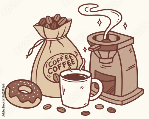 Coffee making setup with donut and beans
