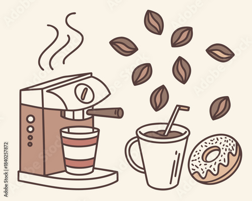 Coffee maker, iced coffee, donut, and floating coffee beans illustration