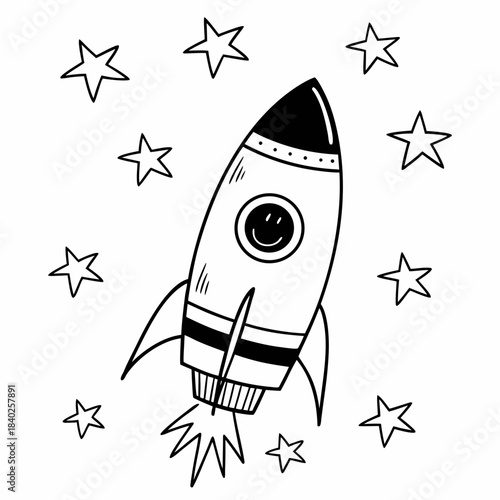 Cute handdrawn rocket ship blasting off among stars