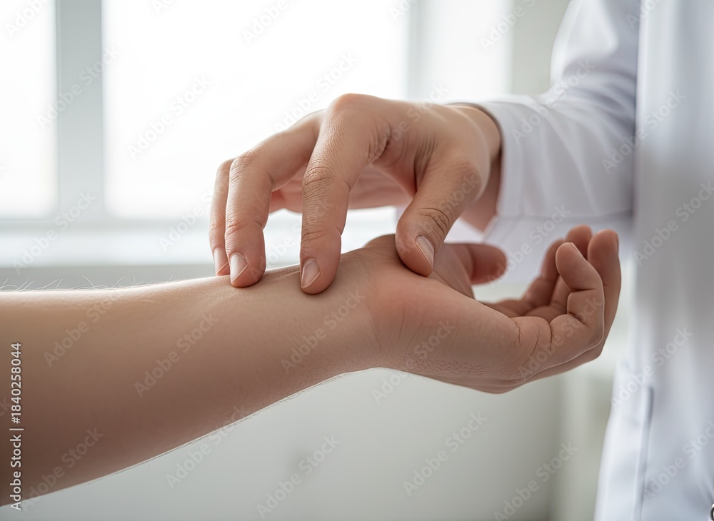Naklejka premium Doctor examining a patient's wrist pulse with fingers in a brightly lit medical examination room indoors.