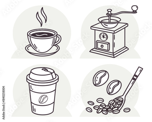 Set of handdrawn coffee icons cup, grinder, takeaway cup, and beans