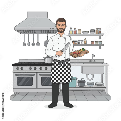 Vector illustration of a male chef standing in a professional kitchen holding a prepared dish.