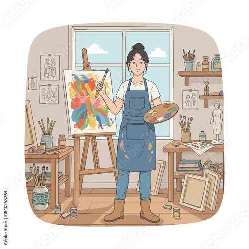 Vector illustration of a female artist painting on a canvas in her studio.