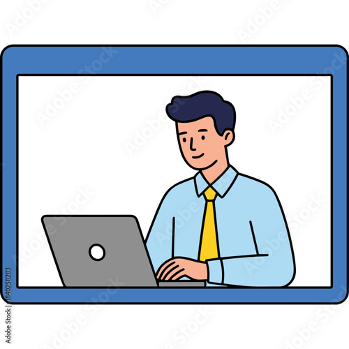 Smiling Businessman Working On Laptop Computer Typing Keyboard In Office With Yellow Tie And Blue Shirt During Daytime Professional Occupation And Technology Concept