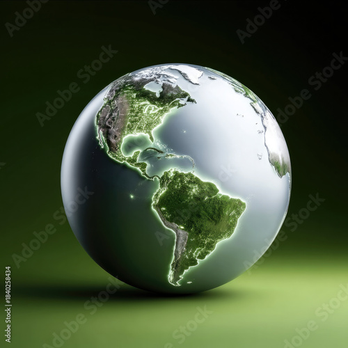 Green glowing Earth sphere with illuminated continents, North and South America, environmental concept, vibrant and futuristic style