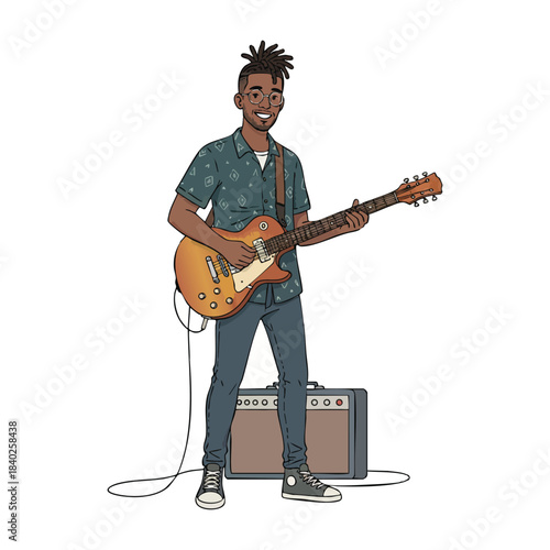 Vector illustration of a young man playing an electric guitar with an amplifier.
