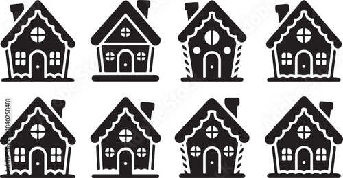 Eight Black Silhouette Gingerbread House Icons with Decorative Details on White Background Keywords: gingerbread house, christmas, holiday, festive, cookie, sweet, baking, house, home, building