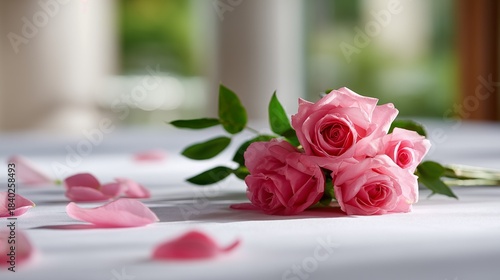 Wallpaper Mural Pink roses with scattered petals on white table romantic floral still life for wedding decor valentines day and anniversary celebration Torontodigital.ca