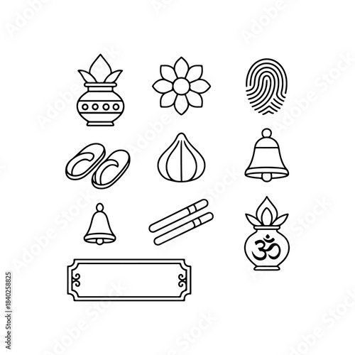 Collection of hindu religious and cultural icons in a line art style