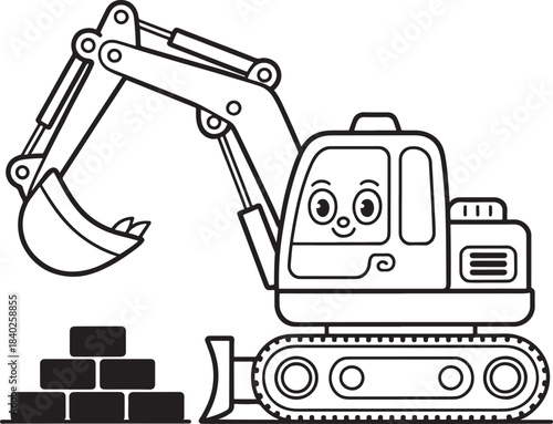 excavator with bricks coloring page for kids and construction fans Cute cartoon