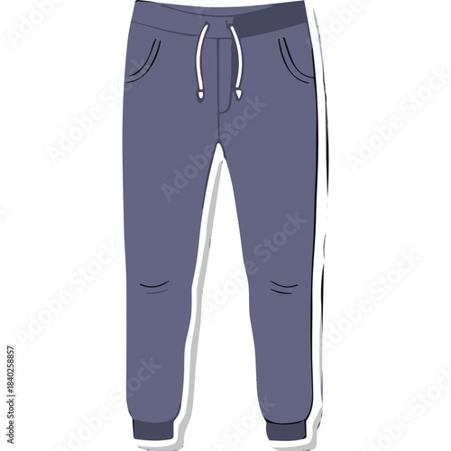 Slate Blue Jogger Pants With White Drawstring and Elastic Cuffs Against A Plain Black Background Sportswear Fashion Athletic Apparel Isolated Object