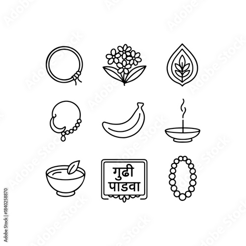 Collection of indian cultural and religious icons in black and white line art