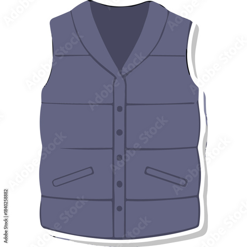 Slate Blue Puffer Vest With Shawl Collar And Button Front Pockets Isolated On White Background Detailed Flat Illustration