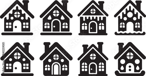 Eight Black Silhouette Gingerbread House Icons with Unique Designs on White Background Keywords: gingerbread house, christmas, holiday, festive, cookie, sweet, baking, house, home, building, icon