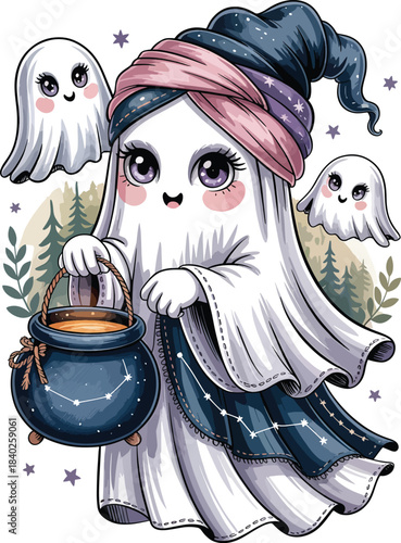 ghost costume design Adorable whimsical Halloween with patchwork denim and sheer fabric overlays