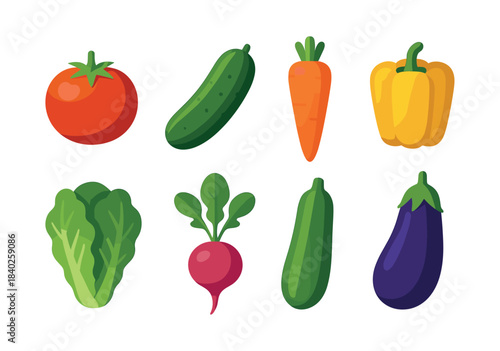 Vegetable collection, tomato, cucumber, pepper, carrot, flat vector illustration