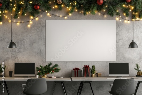 Blank Holiday Poster in Cozy Festive Office Interior