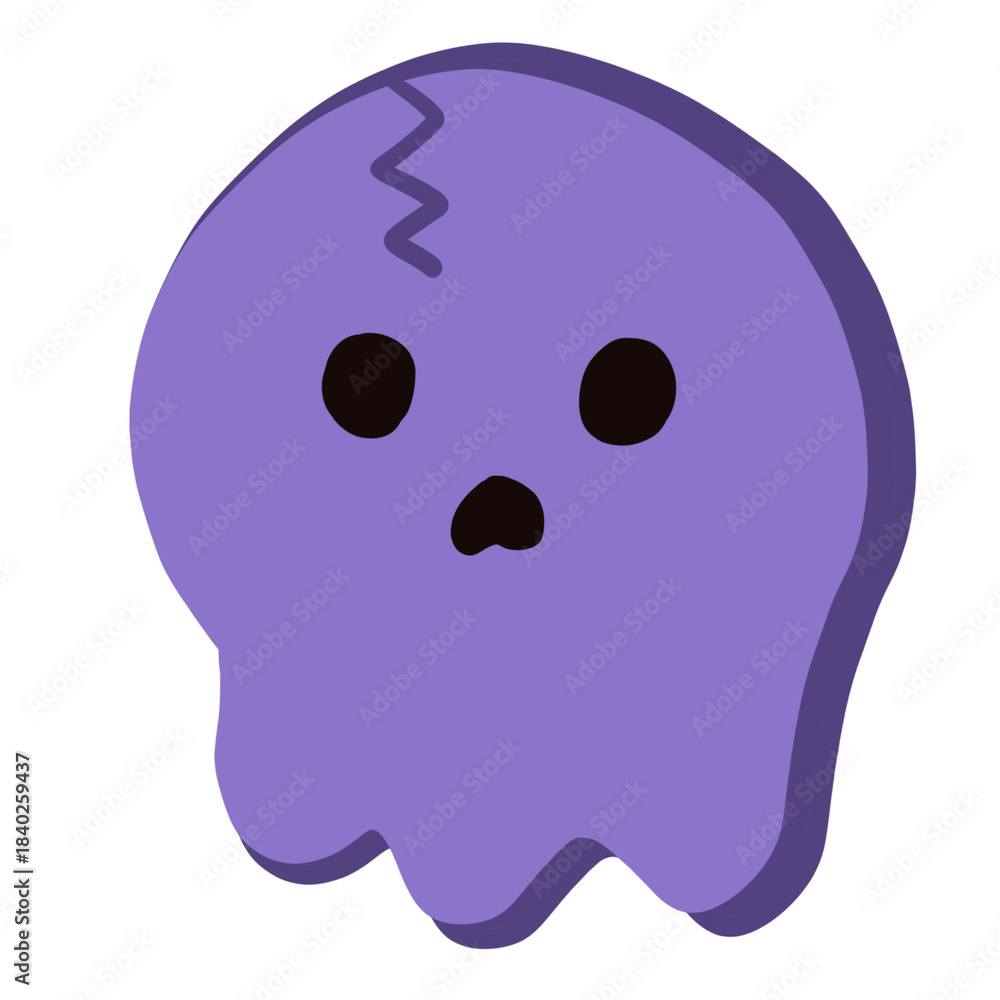Fototapeta premium Cute purple cartoon skull with a playful Halloween style. Simple, spooky, and fun design perfect for stickers, party graphics, kids’ illustrations, and festive decorations.