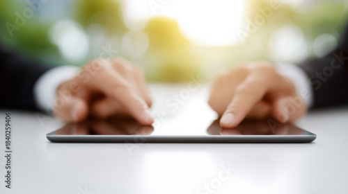 Close up of two hands interacting with tablet screen on white table with bright natural light