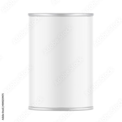Hight realistic can mockup for food preservation, pet food. Vector illustration isolated on white background. Easy to use for presentation your product, idea, design. EPS10.