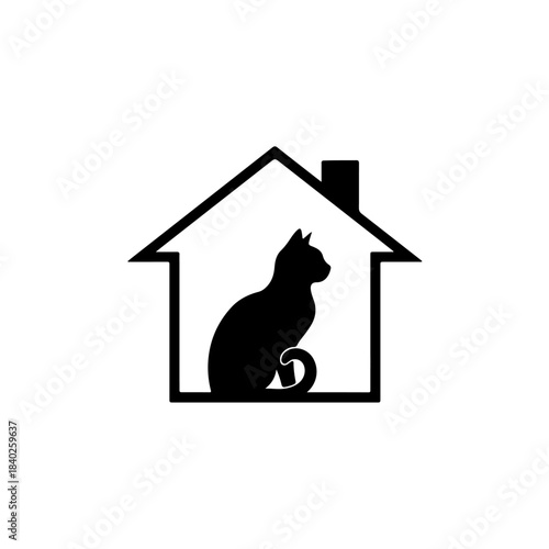 Black cat silhouette sitting inside a house outline, symbolizing domestic pets, animal shelter, pet-friendly home, or safety. isolated on transparent background