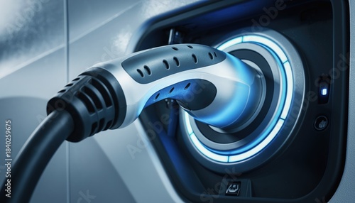 Modern electric vehicle charging connector inserted into a car port illuminated by a vibrant blue glow
