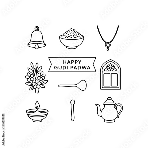 Gudi padwa festival icons and symbols illustration