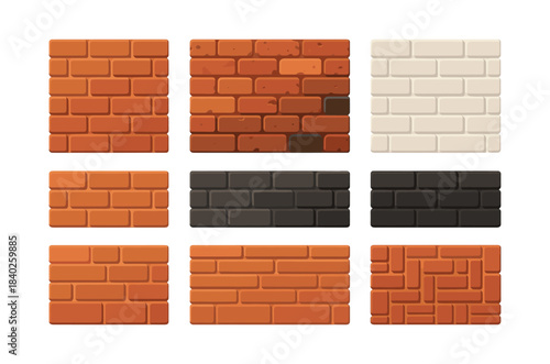 Brick pattern designs, wall textures, masonry examples, flat vector illustration