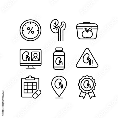 Kidney health and medical care icons set for renal disease prevention
