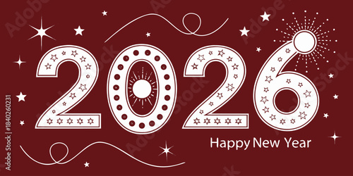 Elegant Happy New Year 2026 design featuring shimmering numbers and stars over a bright red background for modern winter holiday greetings.