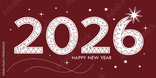 Happy New Year 2026 glowing numbers and star elements on striking red background, creating a modern festive layout for holiday celebration graphics.