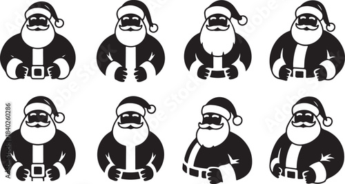 Eight Black Silhouette Icons of Santa Claus Faces with Beards and Hats father christmas