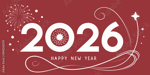 Happy New Year 2026 sparkling numbers with glowing stars on bright red background, creating a modern festive design for seasonal holiday greetings.