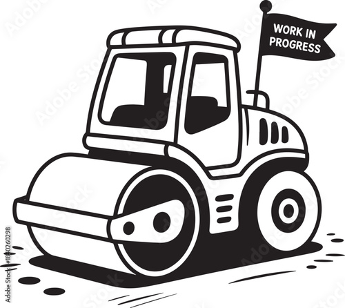 Road roller machine symbolizing construction and work in progress with flag