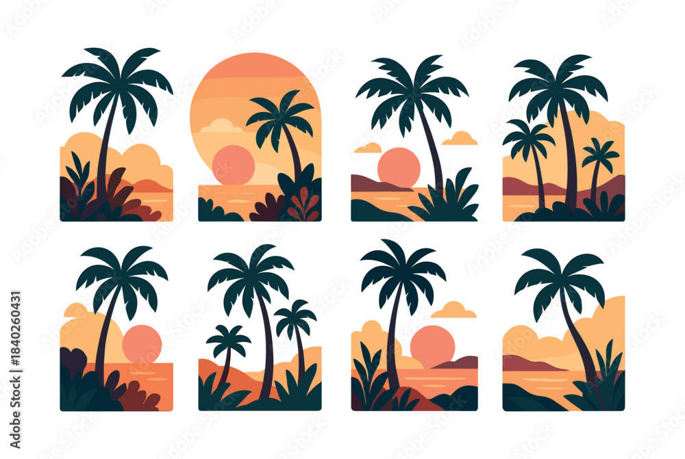 Fototapeta premium Tropical sunset landscapes, palm trees and ocean, flat vector illustration