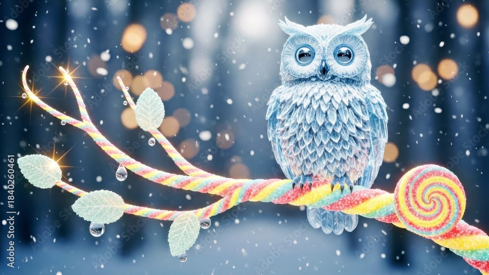 Obraz premium Whimsical Frosty Owl Perched on a Glowing Candy Cane Branch Christmas Decoration