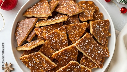Saltine toffee crack pieces arranged on a plate with caramel crunch texture and golden chocolate topping for classic holiday dessert presentation