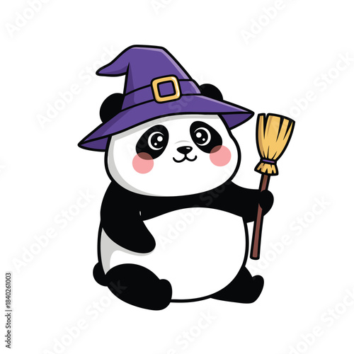 Cute Panda Witch with Broom for Halloween.