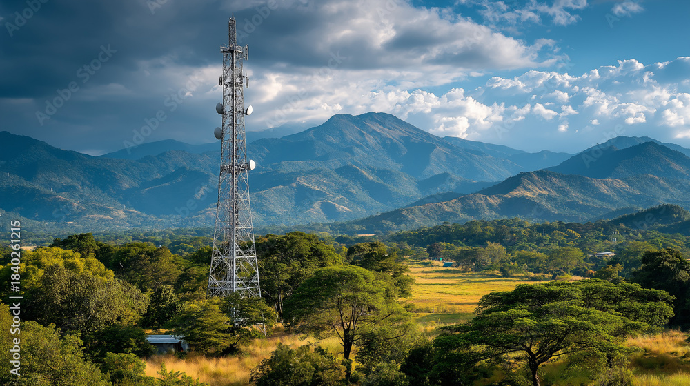 Obraz premium Tower in the Landscape: A modern telecommunication tower rises amidst a verdant landscape.