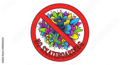 Prohibition Sign Depicting Skateboarder Against Colorful Artistic Background, No Skateboarding