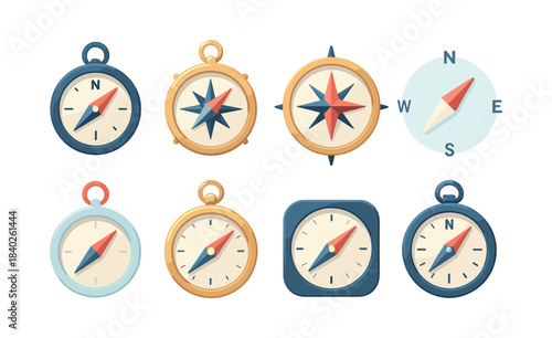 Compass collection, navigation tools, wind rose, flat vector illustration