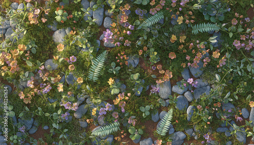 Overhead View Of Small Wildflowers Ferns and Rocks on a Forest Floor in Soft Sunlight